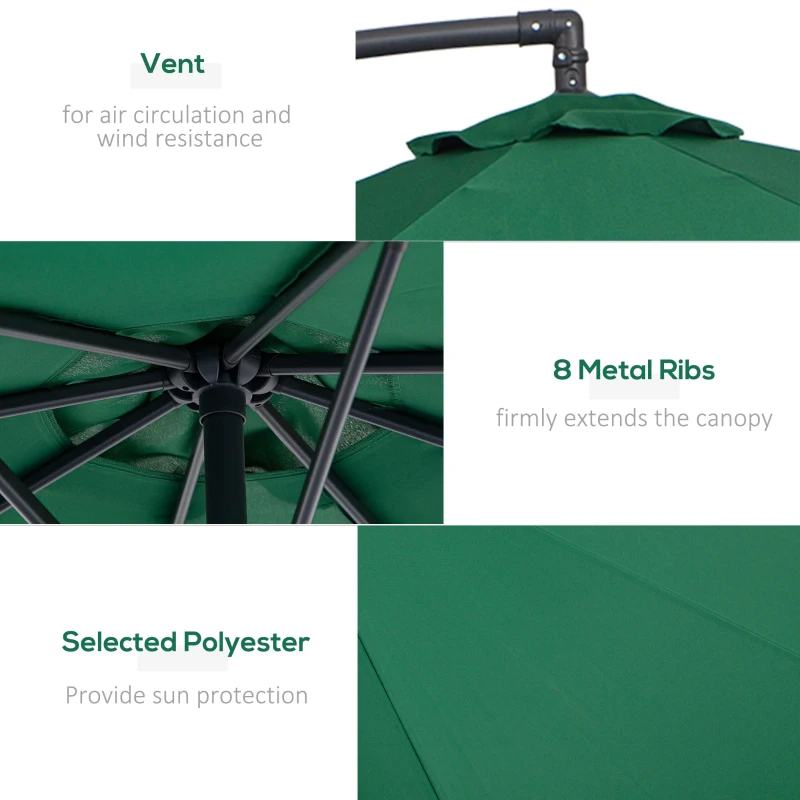 Outsunny 10' Deluxe Patio Umbrella, Outdoor Market Parasol, Banana Hanging Offset Sunshade with Crank, Cross Base, Dark Green