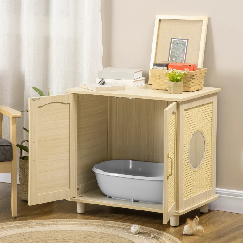 PawHut Cat Litter Box Enclosure with Soft Cushion, Indoor Cat Washroom Storage Bench End Table with PE Rattan Trim, Magnetic Doors, Easy Assembly, Oak