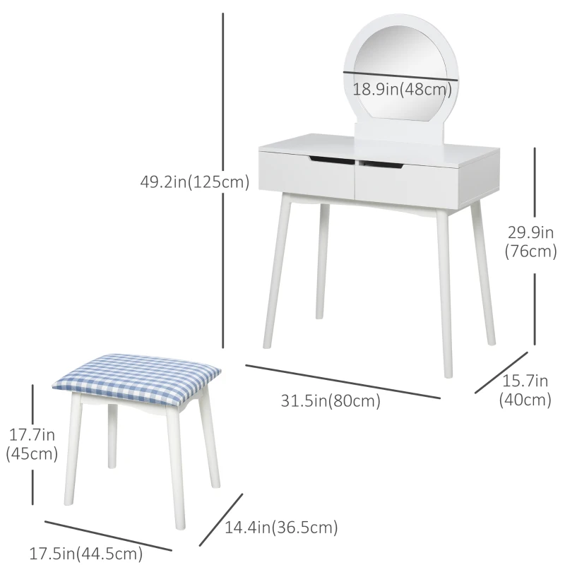 HOMCOM Makeup Vanity Table with Round Mirror and 2 Drawers, Dressing Table with Cushioned Stool Set for Bedroom (White)