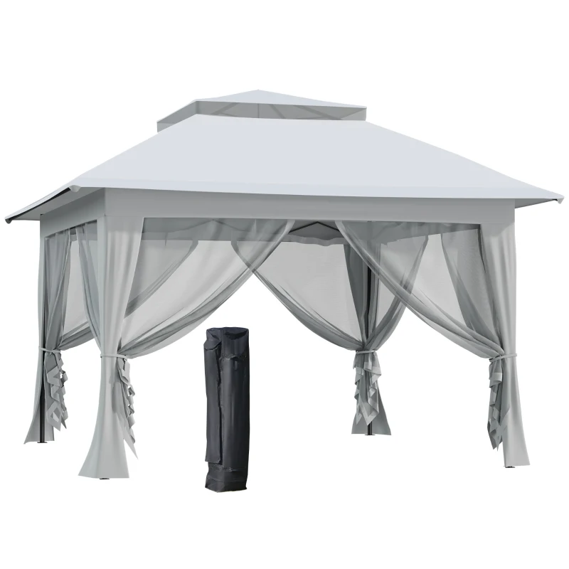 Outsunny 12' x 12' Foldable Pop-up Party Tent Instant Canopy Sun Shade Gazebo Shelter Steel Frame Oxford w/ Roller Bag, Light Grey
