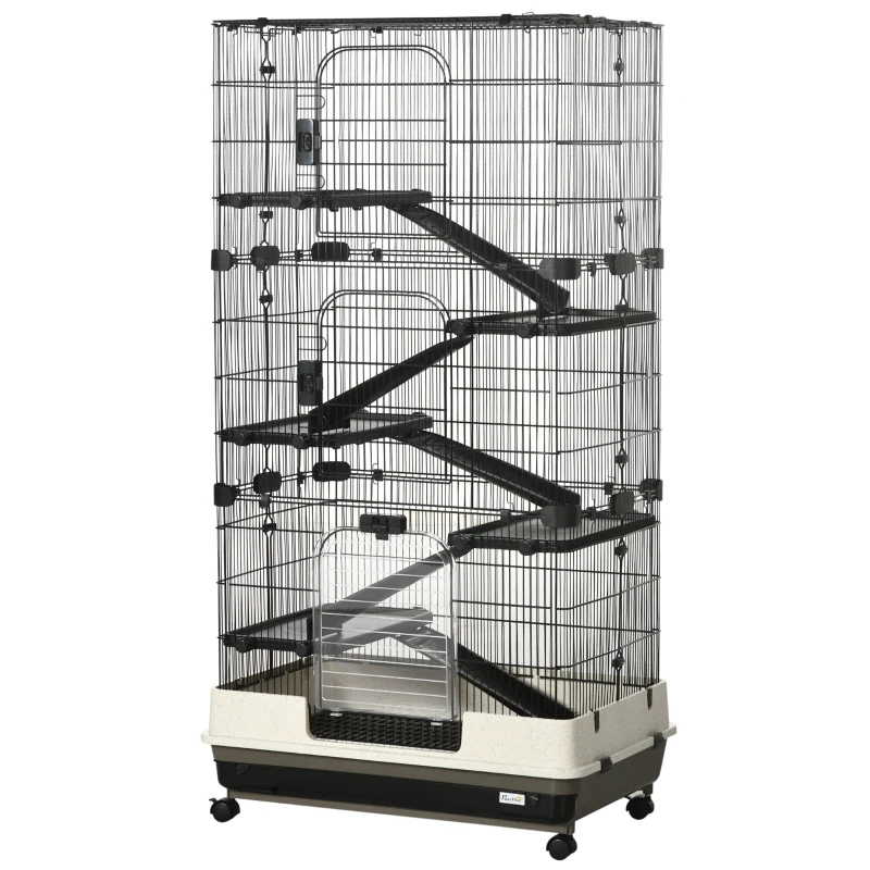 PawHut 6-tier Platform Rolling Small Animal Cage Rabbit Hutch Pet Play House with Platform, Ramp,Removable Tray. 4 universal wheels (Black) for Bunny Pet Mink Chinchilla