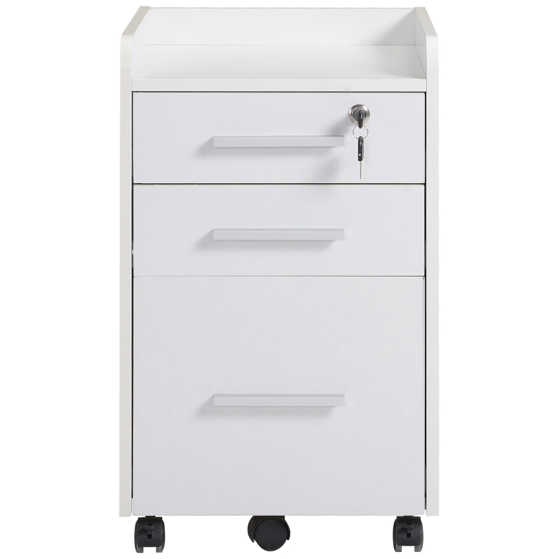 HOMCOM 3 Drawer File Cabinet with Lock and Edged Top, Lockable Filing Cabinet on Wheels for Letter and A4 Size, White