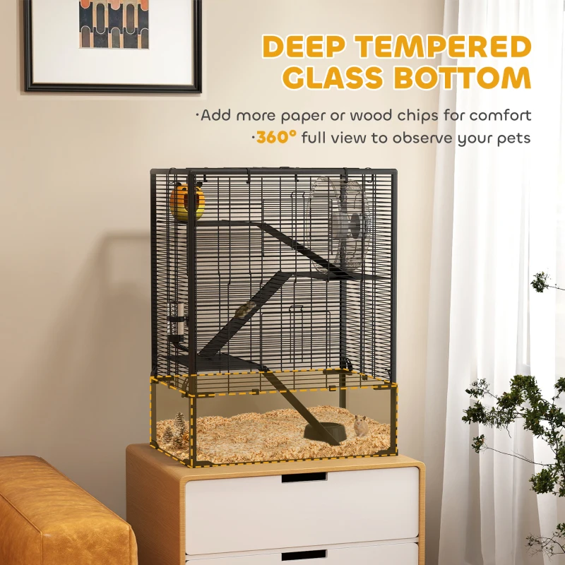 PawHut 4 Tier Hamster Cage with Deep Tempered Glass Bottom, Running Wheel, Hut, Water Bottle, Food Dish, 24" x 16" x 31.5"