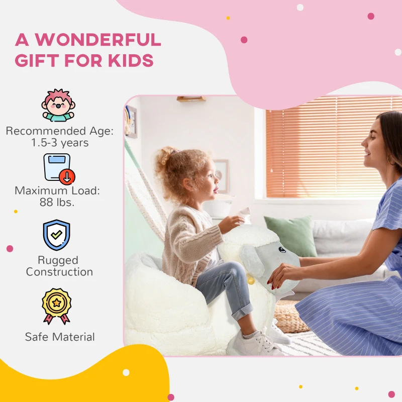 Qaba Baby Rocking Horse Lamb with Seat Belt, Sounds & Pedals for Kids 18-36 Months, Gray