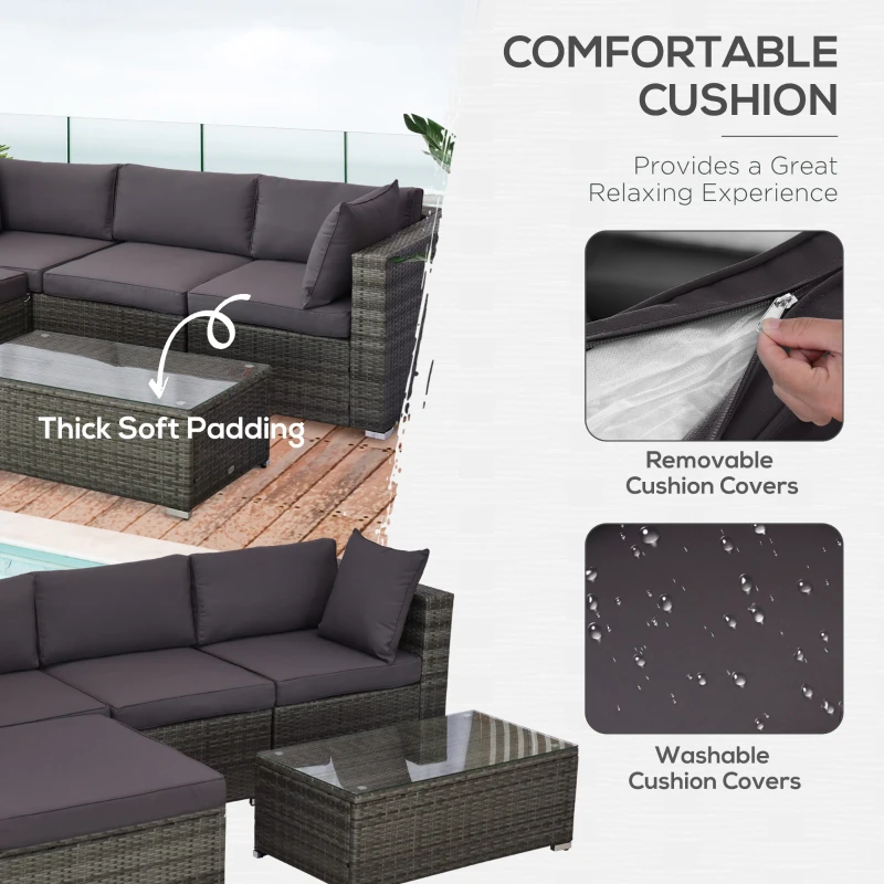 Outsunny 5-Piece Outdoor Sectional Furniture, Patio Sofa Set, PE Wicker Couch, Cushions, Pillows, Ottoman, Table, Charcoal