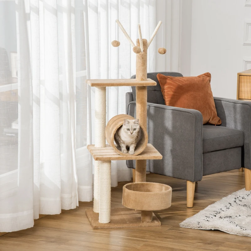 PawHut Cat Tree for Indoor Cats Cat Condo Kitty Tower with Scratching Post, Elevated Fun Cat Beds, Tunnel, Cat String Toys, 16" x 16" x 48", Light Brown