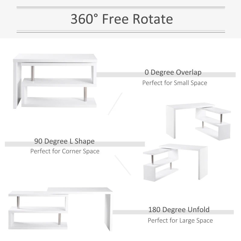 HOMCOM L-Shaped Desk, 360° Rotating Computer Corner Desk, Home Office Writing Table Workstation with Storage Shelf, White
