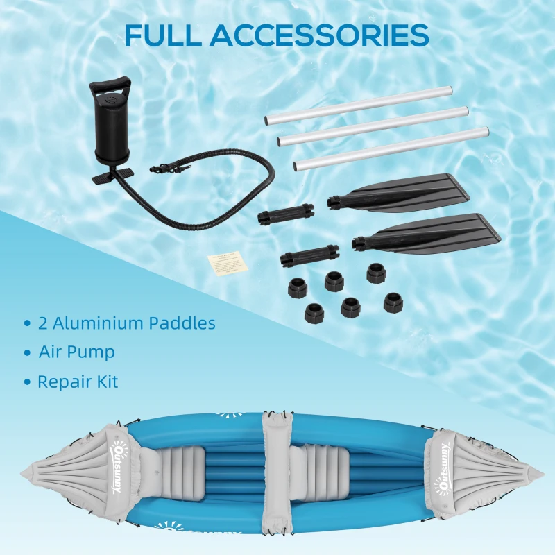 Outsunny K2 Kayak, 2 Person Inflatable Kayak, Includes Paddles, Aluminum Oars, Repair Kit, Portable Tandem Blow Up Boat, Blue