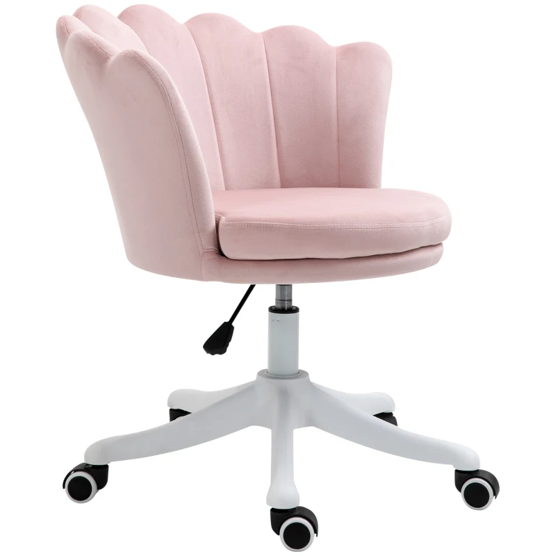 HOMCOM Adjustable Height Study Chair, Mid Back Velvet Office Chair with Swivel Wheels for Living Room, Study, Pink