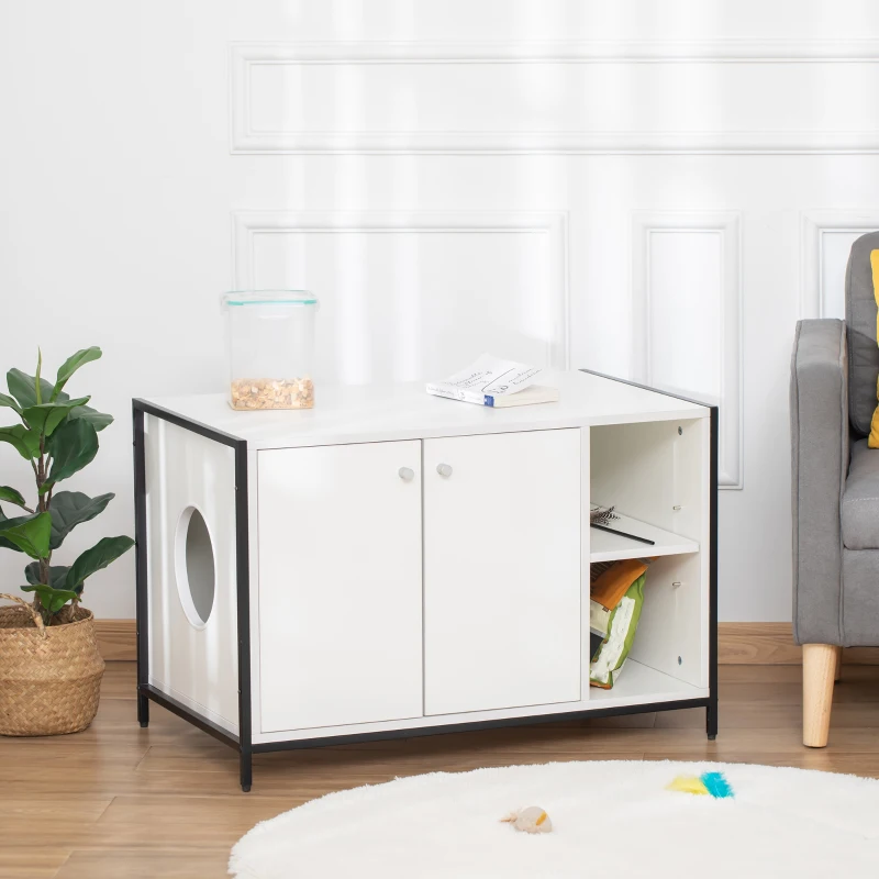 PawHut Large Cat Litter Box Enclosure, Litter Box Furniture Hidden with Magnetic Doors & Storage Shelves, Wooden Cat Washroom Indoor, 33" L x 20" W x 22" H, White