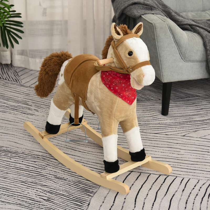 Qaba Kids Plush Ride-On Rocking Horse Toy Cowboy Rocker with Fun Realistic Sounds for Child 3-6 Years Old, Beige