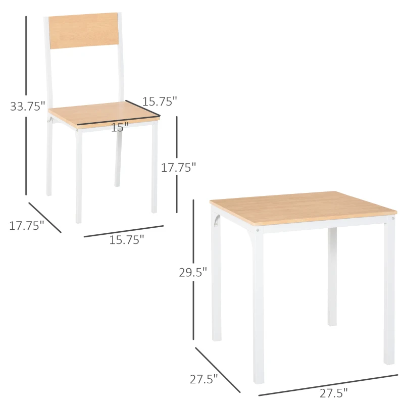 HOMCOM 3-Piece Wooden Square Dining Table Set with 1 Table and 2 Chairs and Sturdy Metal Frame for Small Space, White