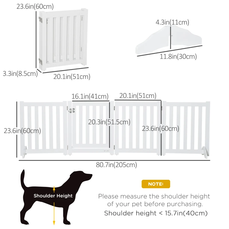 PawHut 23.5"H Foldable Dog Gate with Door, 4 Panels Freestanding Pet Gate Barriers Indoor with Support Feet, Puppy Fence for Small Dogs, White