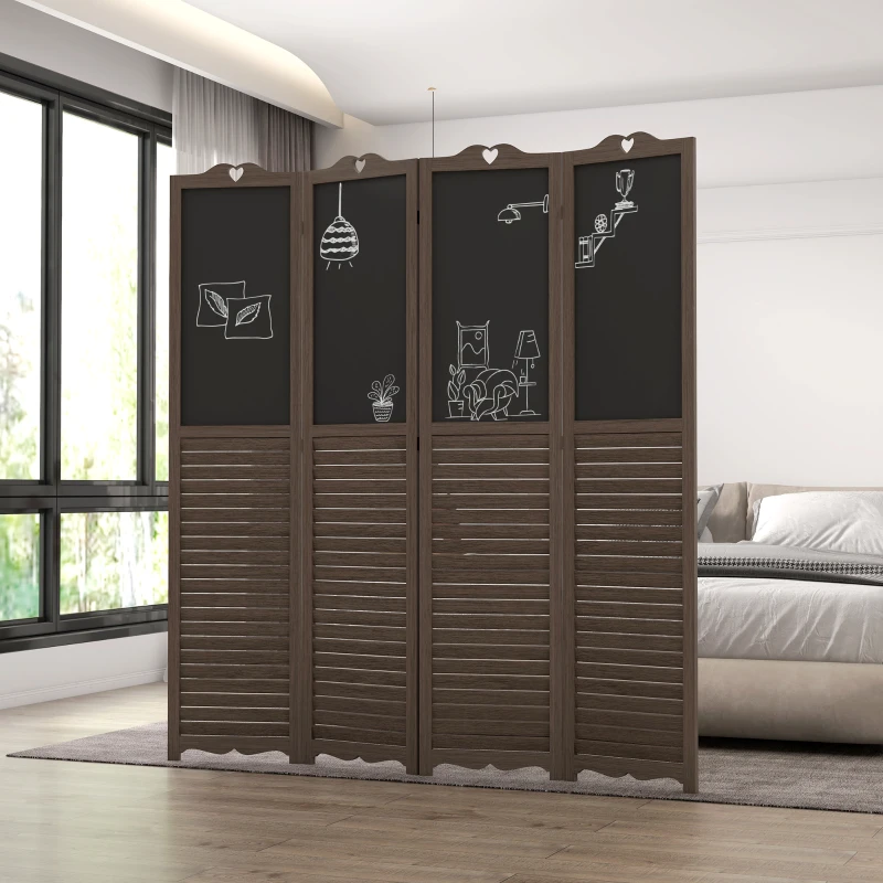 HOMCOM Wooden Room Divider with Blackboard, 4 Panel Folding Privacy Screen for Home Office, 5.5', Walnut Brown