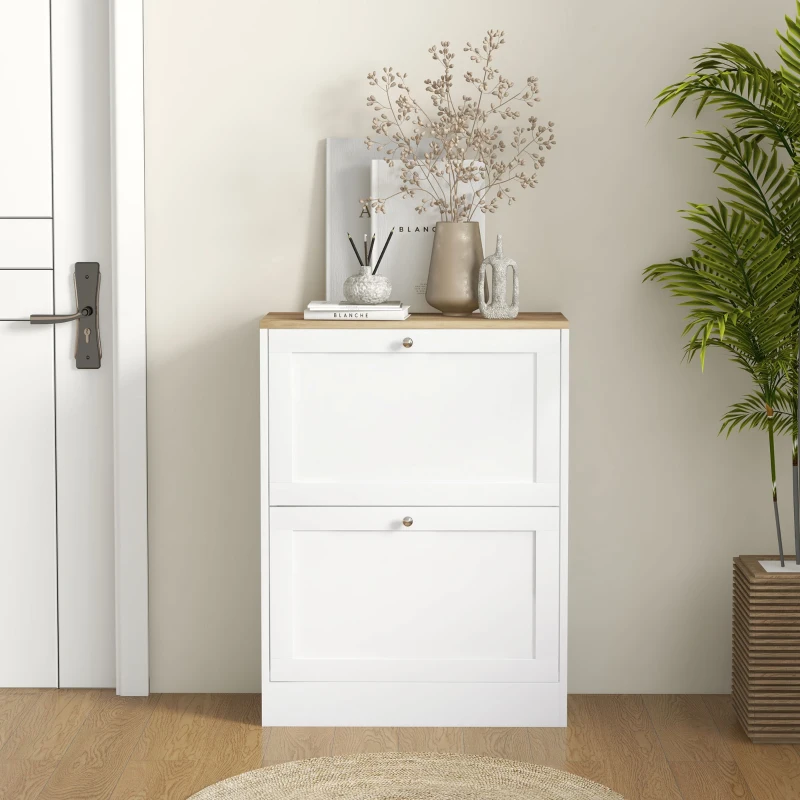 HOMCOM Slim Shoe Storage Cabinet, Modern Shoe Cabinet with 2 Flip Drawers and Adjustable Shelves for 8-12 Pairs, White