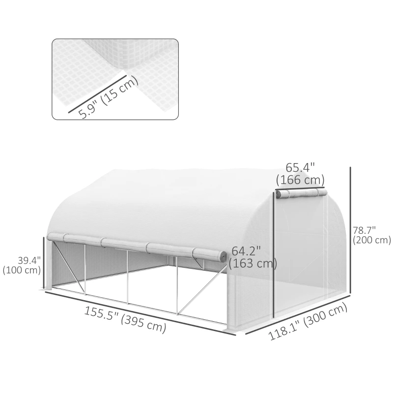 Outsunny 13 x 9.8ft Walk-in Polytunnel Greenhouse, Zipped Roll Up Sidewalls, Mesh Door, 8 Mesh Windows, Tunnel Warm House Tent with PE Cover, Plant Labels and Gloves, White