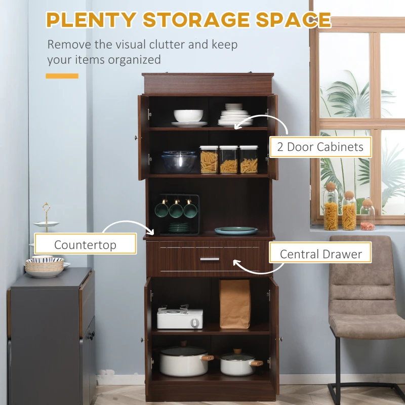 HOMCOM 72" Kitchen Buffet with Hutch, Freestanding Pantry Cabinet with Utility Drawer, 2 Door Cabinets, Adjustable Shelves and Countertop, Brown