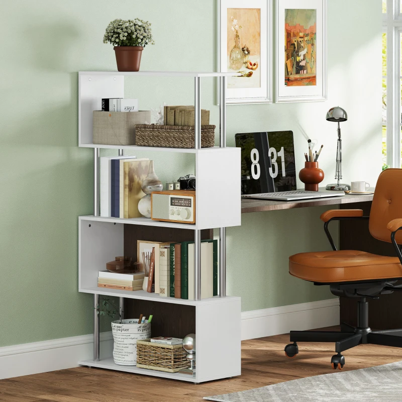 HOMCOM 5-Tiers Geometric Wooden Bookcase S-Shaped Storage Bookshelf Display with Metal Frame for Living Room, Bedroom, Home Office, White