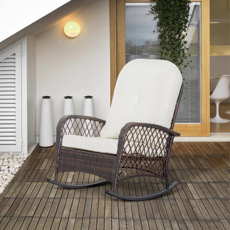 Outsunny Rattan Rocking Chair, Outdoor Wicker Patio Rocker Chair Furniture with Thick Cushions, for Garden Backyard Porch, Cream White