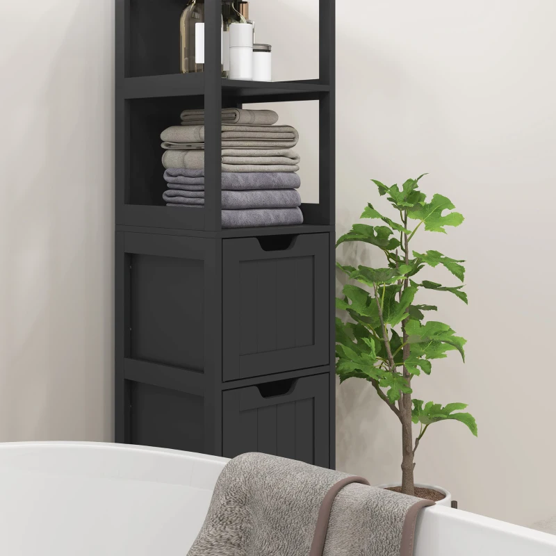 kleankin Narrow Bathroom Cabinet with 3 Drawers and 2 Tier Shelf, Tall Cupboard Freestanding Linen Tower, Black