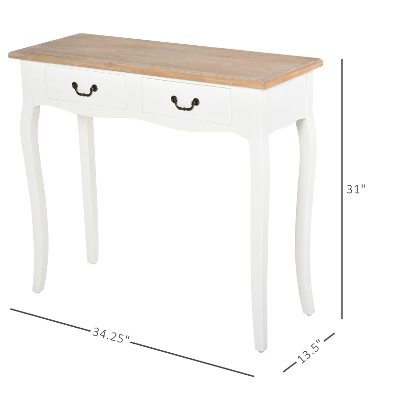 HOMCOM Entryway Console Table with 2 Convenient Storage Drawers, Tabletop for Display, and Vintage Design, White