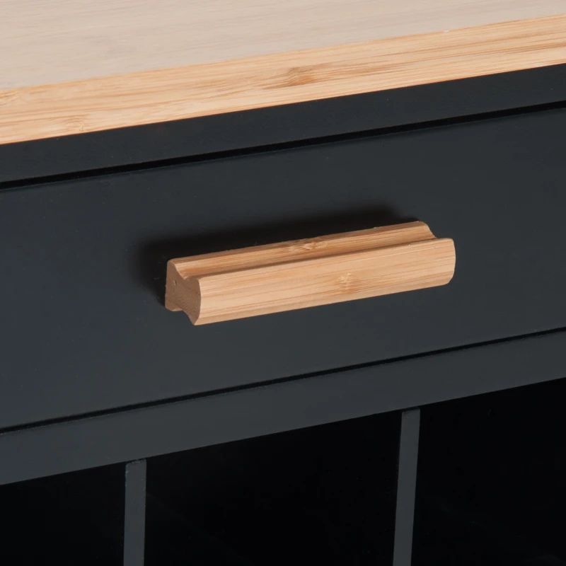 HOMCOM Portable Kitchen Trolley with Bamboo Top Storage Cabinet and Wine Rack (Black )