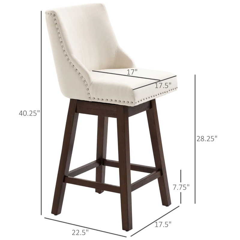 HOMCOM 28" Swivel Bar Height Bar Stools Set of 2, Armless PU Leather Upholstered Barstools Chairs with Nailhead Trim and Wood Legs, Cream White