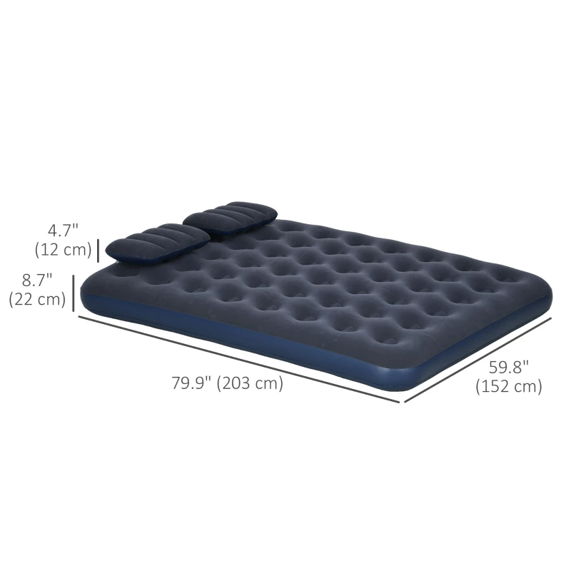 Outsunny Queen Size Air Mattress Camping Air Bed with 2 Pillows and Hand Pump, Blue