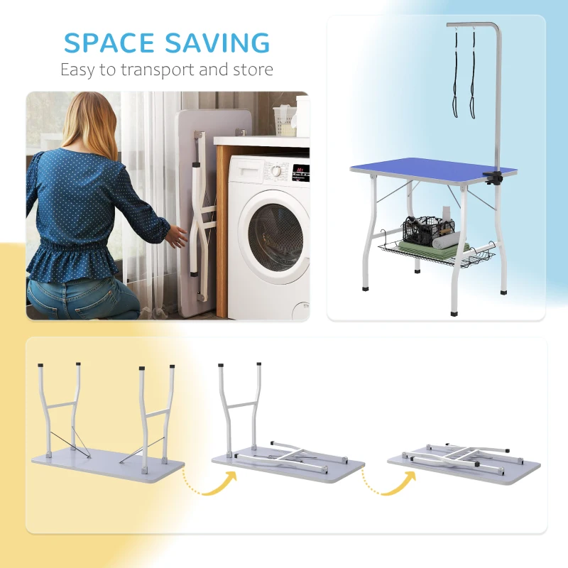 PawHut Dog Grooming Table w/ Adjustable Arm, Mesh Tray,  Two Nooses, Rubber Surface, 35" x 24" x 61", Blue
