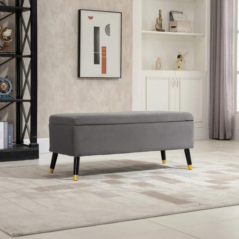 HOMCOM Ottoman Bench with Storage, Velvet Footrest Shoe Bench with Hinged Lid, Lift Top Bed Bench for Entryway Living Room, Charcoal Grey