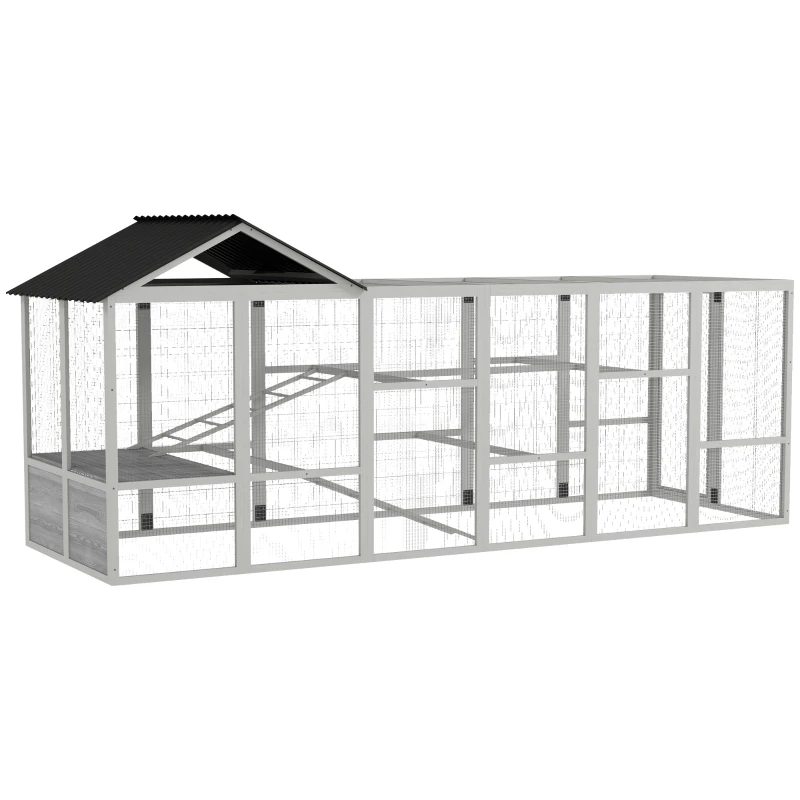 PawHut Wooden Chicken Coop Run for 6 - 10 Chickens, Hen House Add-On with Storage, Perches, 141.75" x 48" x 61", Gray