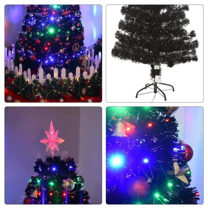 HOMCOM 5ft Prelit Artificial Christmas Tree with LED Lights, Multicolored Fiber Optics and Realistic Branch Tips, Black