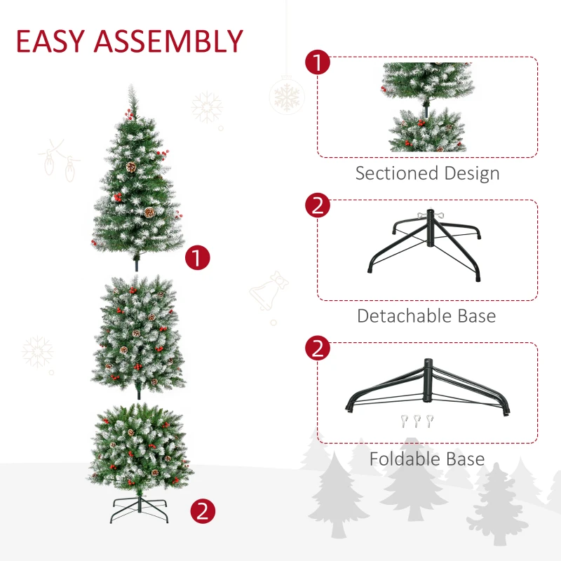 HOMCOM 7.5 ft Snow-Dipped Pencil Christmas Tree Pre-Lit Holiday Decoration with LED Lights Pine Cones Red Berries Green