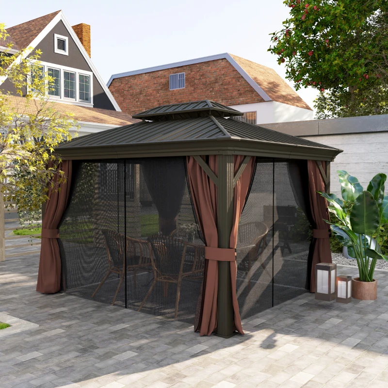 Outsunny 10' x 12' Outdoor Hardtop Gazebo with Galvanized Canopy & Netting Sidewalls for Lawn, Backyard, Dark Brown