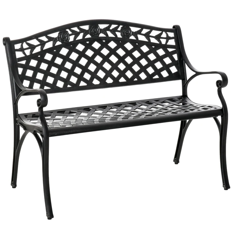Outsunny Outdoor Garden Bench, 40" Patio Bench with Aluminum Frame and Armrests, 2-Person Patio Loveseat with Floral Pattern for Park, Porch, Yard, Lawn, 485 LBS Capacity