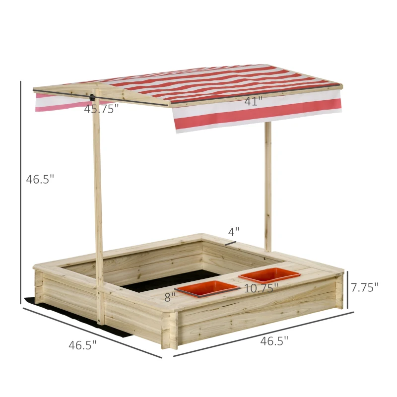 Outsunny Kids Wooden Sandbox, Covered Children Sand Playset Outdoor, w/ Adjustable Canopy Shade, Bottom Liner, Seat, Plastic Basin, Aged 3-8 Years Old, for Backyard, Beach, Natural