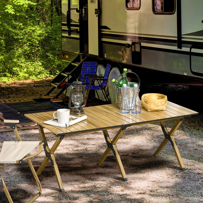 Outsunny 4ft Low Height Folding Camping Table, Roll-Up Aluminum Picnic Table with Carry Bag, Waterproof & Woodgrain Finish, Portable Table for Travel, BBQ, Beach, or Hiking