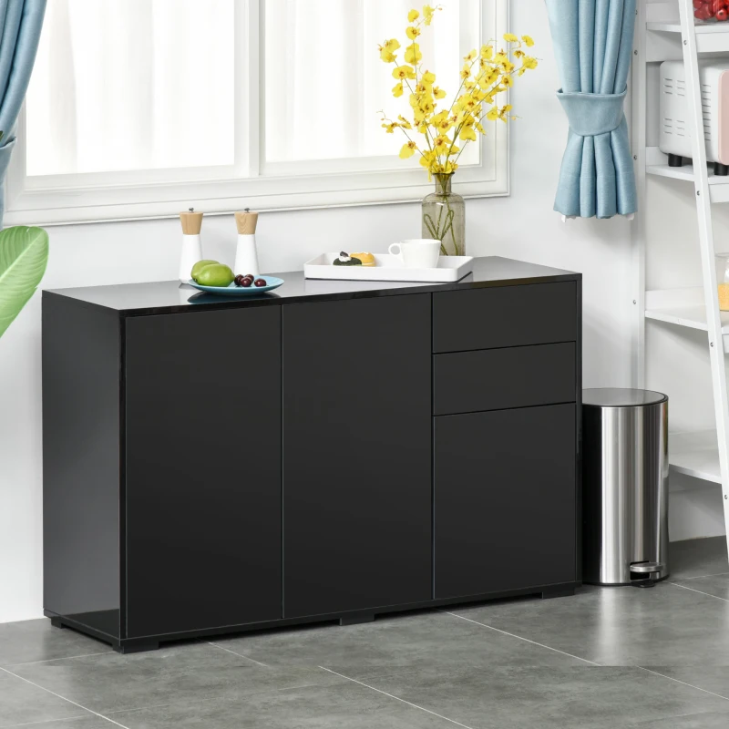 HOMCOM Kitchen Sideboard Storage Cabinet, Modern Coffee Bar with Push-Open Design and 2 Drawers for Living Room, Black