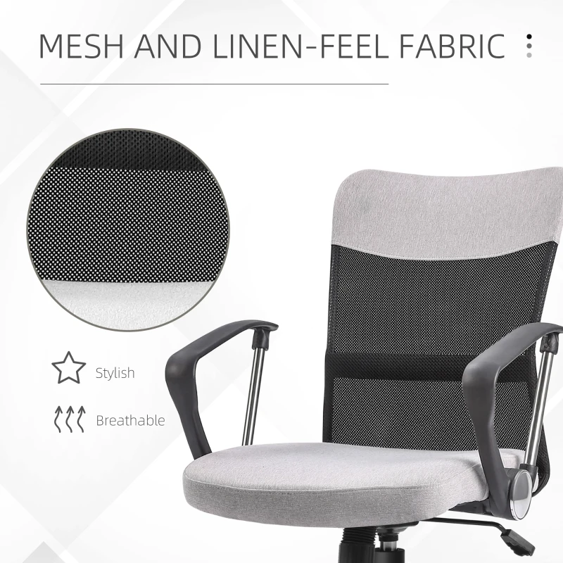 Vinsetto Mid Back Office Chair, Linen-feel Mesh Computer Desk Chair with Lumbar Back Support, Arm, Adjustable Height, Grey
