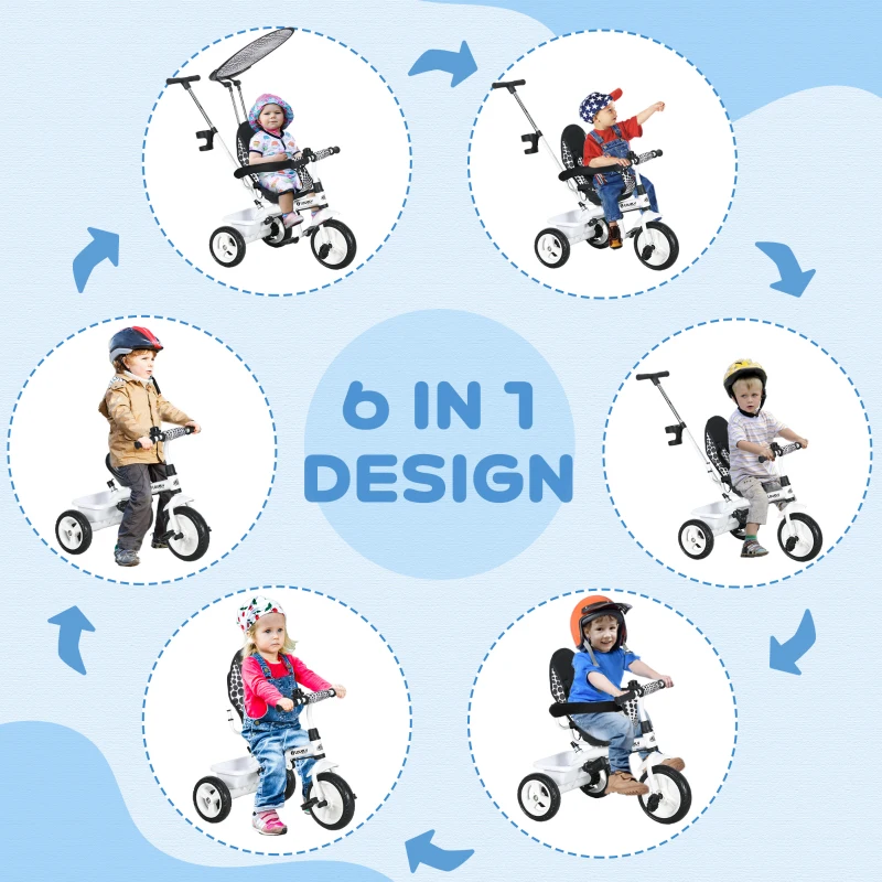 Qaba 6 in 1 Kids Tricycle with Removable Handlebar and Canopy, White