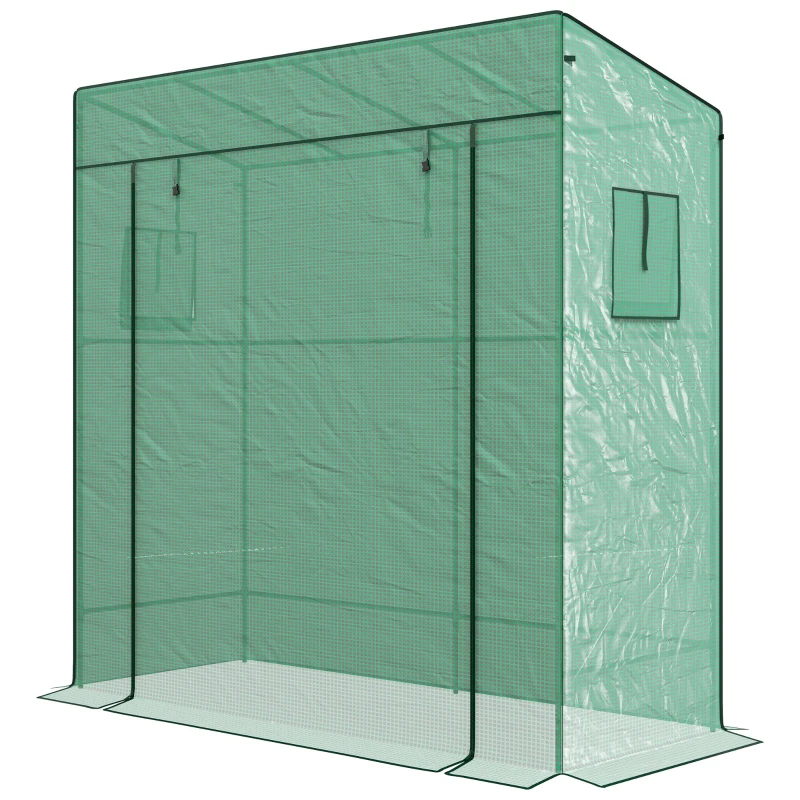 Outsunny Walk-in Tomato Greenhouse Lean-to Green House with Reinforced PE Cover, Roll-up Door, Mesh Windows, Green