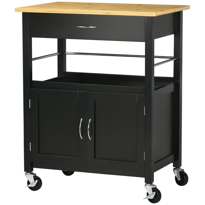 HOMCOM Kitchen Cart, Utility Trolley, Small Kitchen Island with Storage Drawer & Side Hooks for Dining Room, Black