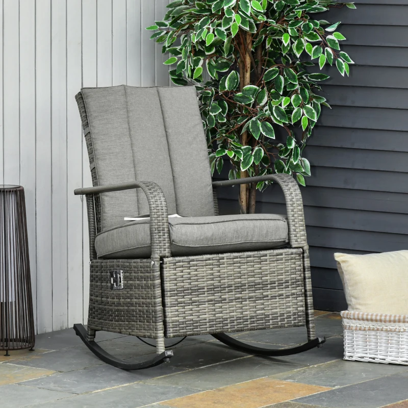 Outsunny Outdoor Wicker Rocking Chair with Cushion, Patio PE Rattan Recliner Chair with Adjustable Footrest, Armrests, Mixed Grey