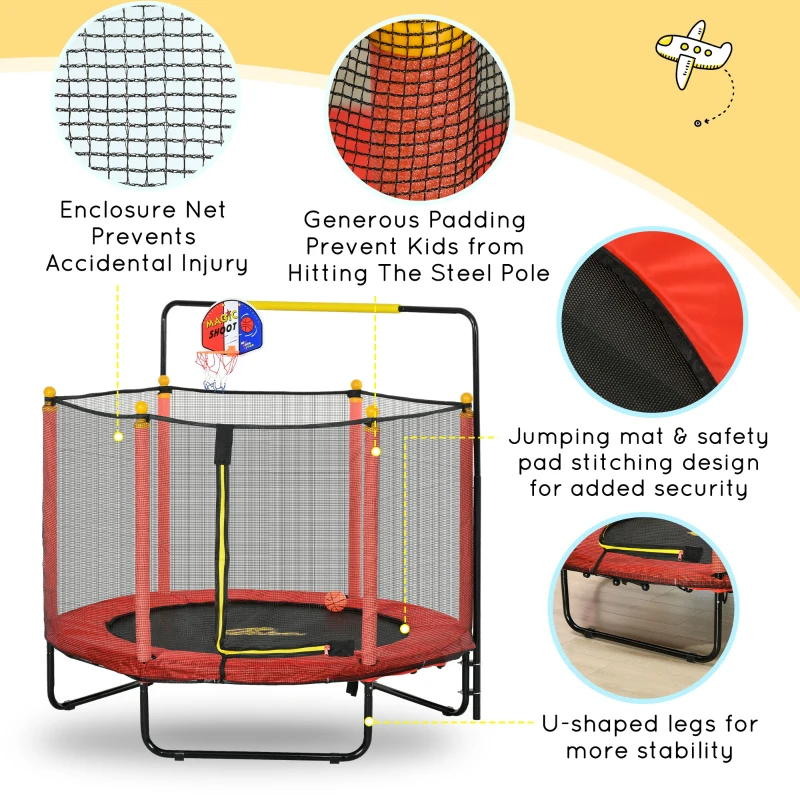 Qaba Kids Trampoline with Net, Basketball Hoop, Horizontal Bar Indoor, Red