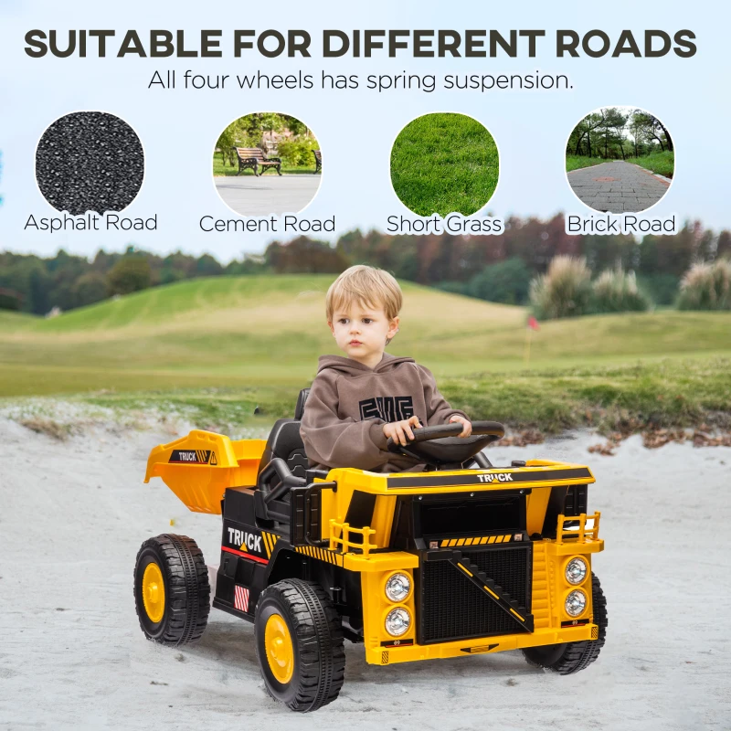 Qaba 12V Kids Ride on Dump Truck, Electric UTV w/ Electric Dump Bed, Shovel Spring Suspension & Music Player