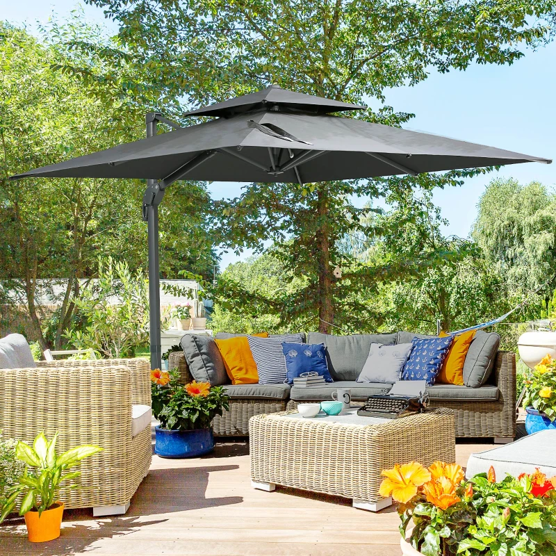 Outsunny 10ft Offset Patio Umbrella, Hanging Cantilever Umbrella, Square Shape, Aluminum Cross Base, Tilt, 360-Degree Rotation, Gray