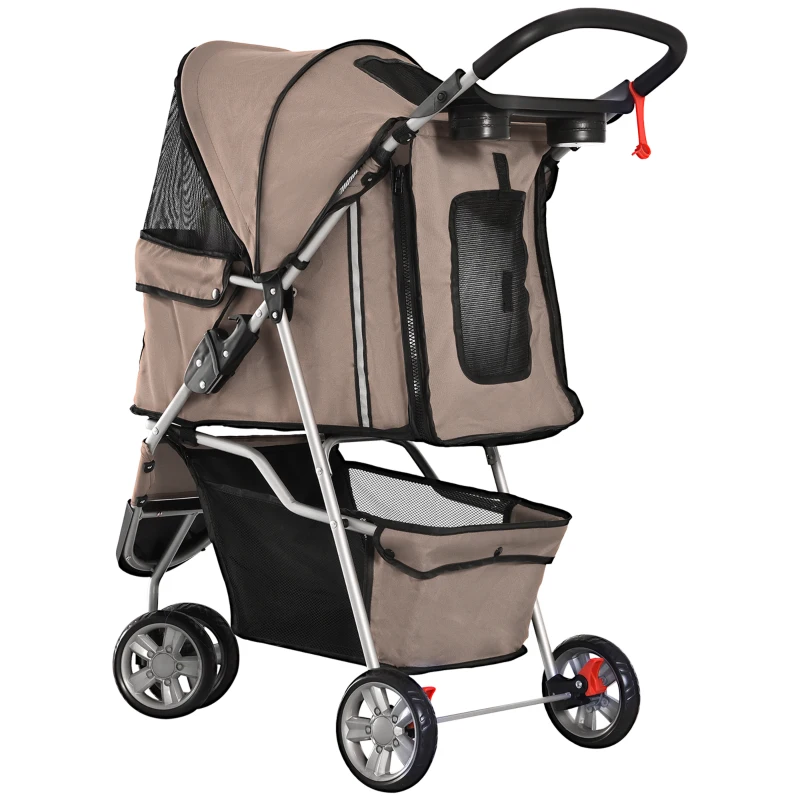 PawHut Cat Stroller, 3 Wheels Foldable Dog Stroller with Storage Basket, Brake, Adjustable Canopy, Cupholders, Pet Stroller for Miniature and Small Dogs Travel, Coffee