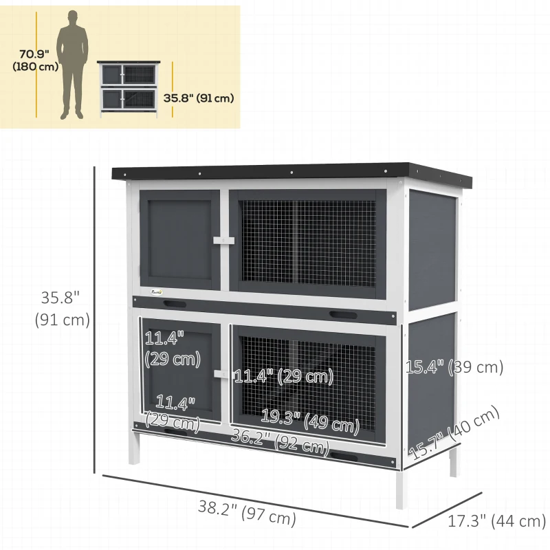 PawHut Wood Rabbit Hutch with 2 Large Main House, Ramp, Trays, Grey
