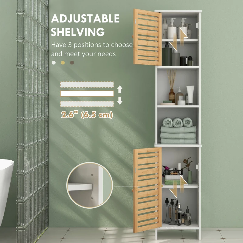 HOMCOM Tall Bathroom Cabinet with Bamboo Doors, Bathroom Storage Cabinet with Adjustable Shelves and Open Compartments, White