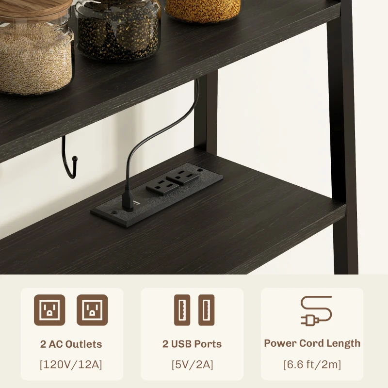 HOMCOM Industrial Kitchen Shelves with Charging Station and LED Lights, Kitchen Storage Rack with Barn Door, Distressed Gray